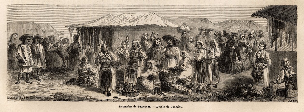 De wandelende bevolking van Tesmevar (of Timisoara) in Roemenië. Gravure ter illustratie van de reis van Parijs naar Boekarest, door Lancelot, tekenaar, in 1860, gepubliceerd in 