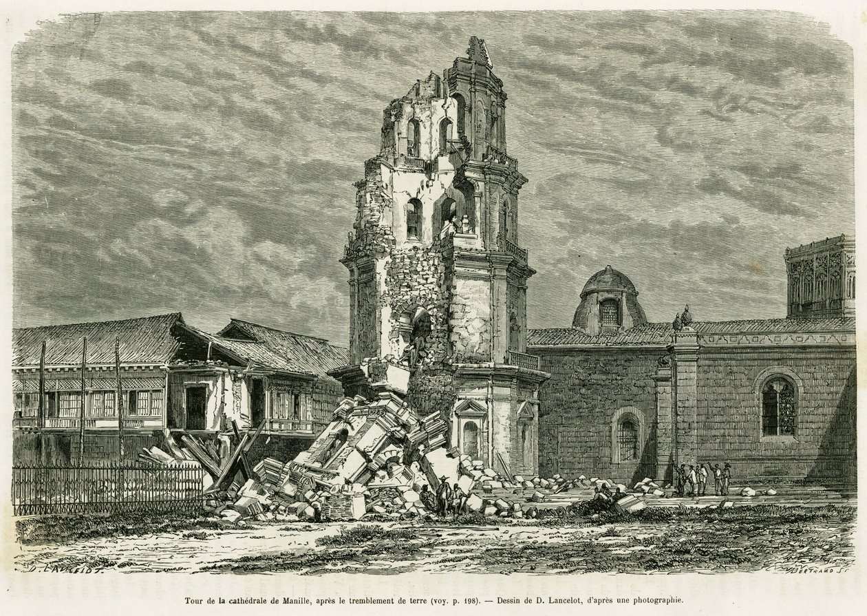 Toren van de kathedraal van Manilla, na de aardbeving op 18 juli 1880. Gravure door Lancelot ter illustratie van het verhaal Lucon en Palaouan, zes jaar in de Filippijnen, door Alfred Marche door Dieudonne Auguste Lancelot