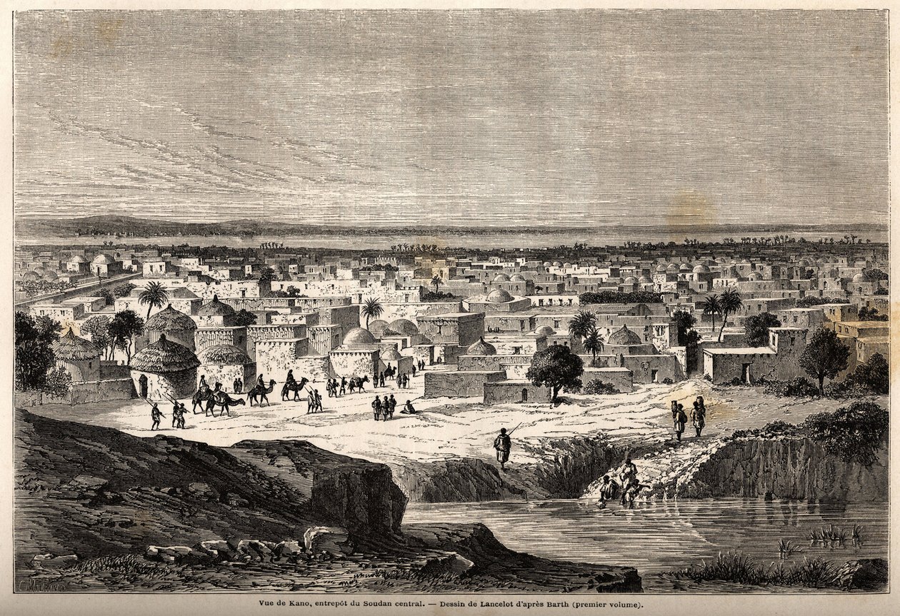 Zicht op Kano (stad en staat in het noorden van het huidige Nigeria), magazijn van centraal Soedan, tekening door Lancelot, ter illustratie van de reis van 1849-1855, naar het centrum van Afrika van Dr. Henri Barth. Gravure in 