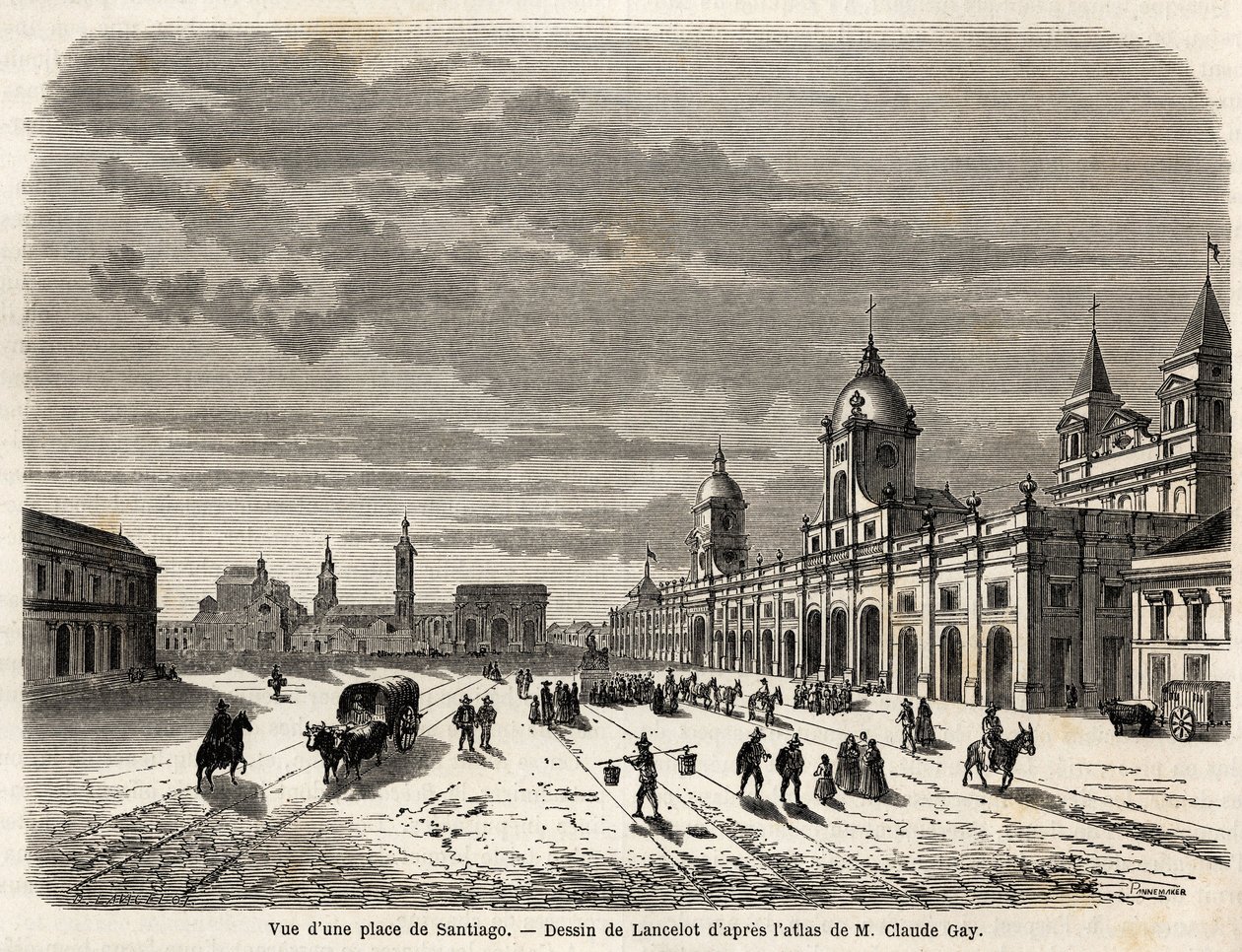 Uitzicht op een plein in Santiago (Chili). Gravure in Le tour du monde, nouveau journal des voyages. door Dieudonne Auguste Lancelot