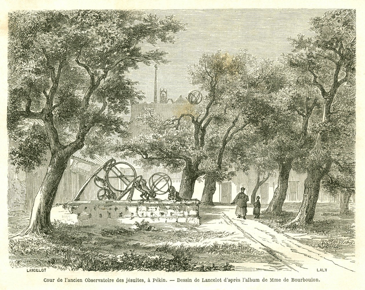 Zicht op de binnenplaats van het voormalige Jezuïetenobservatorium in Peking (Beijing), China. Gravure door Lancelot, in 