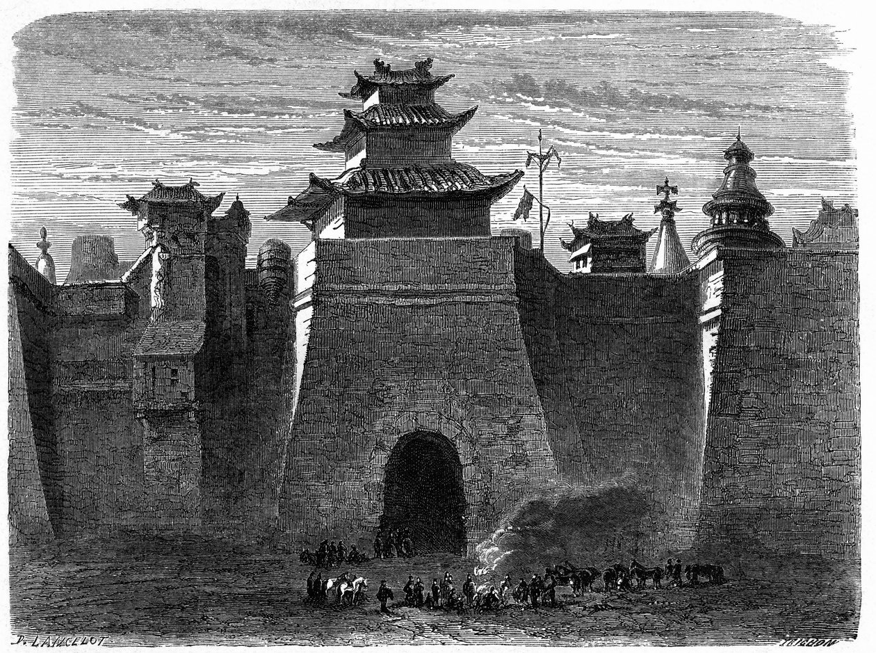 Muren en poort van Peking (Beijing), China. Gravure door Lancelot, in 