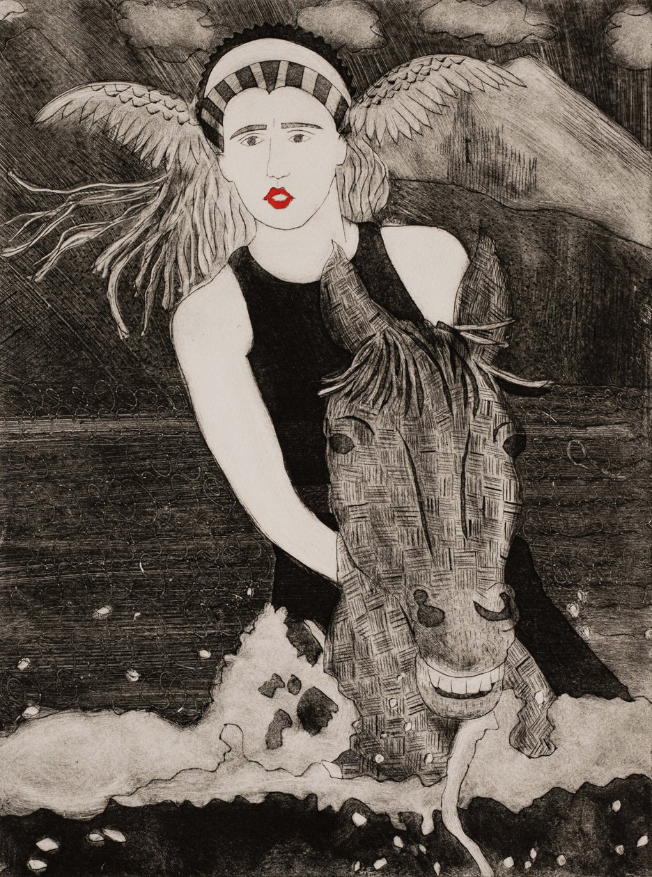 Brunnhilde  Grane, Ringcyclus van Wagner, 2024 (collagraaf) door Dione Verulam