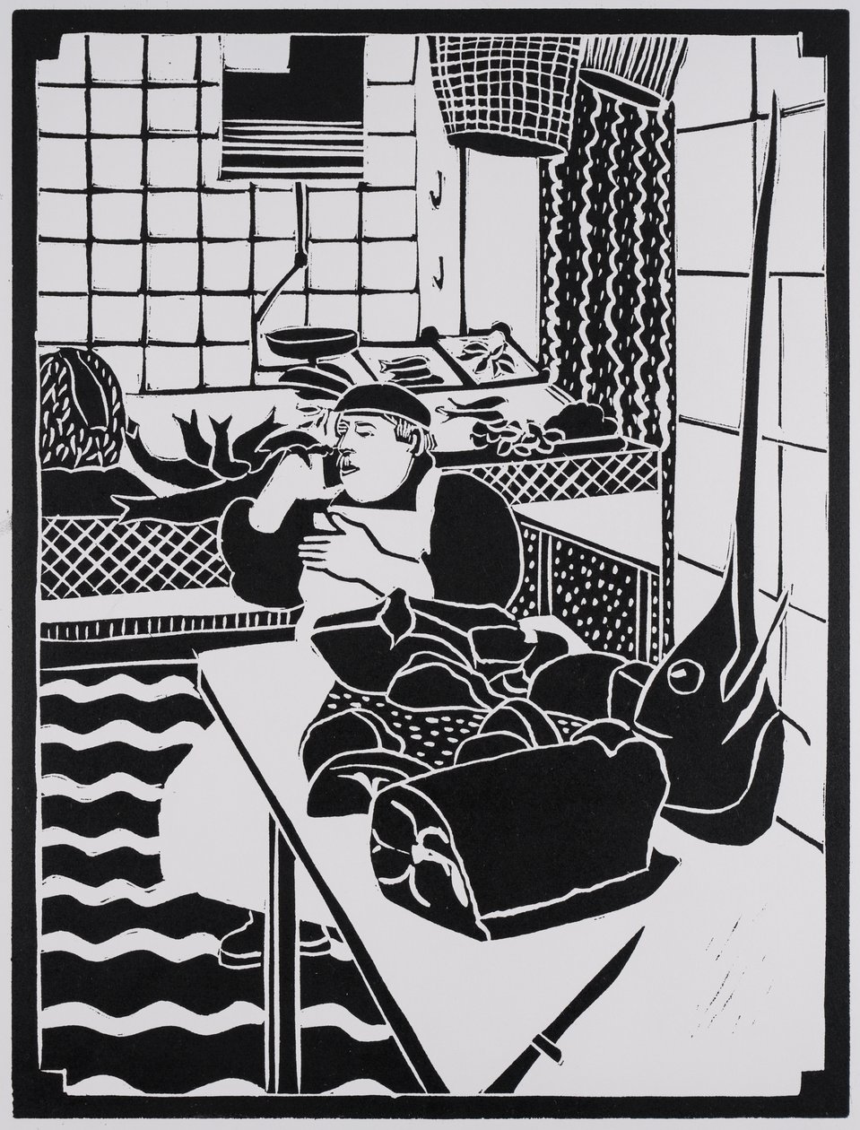 Vis te koop, Sicilië, 2025 (Linosnede) door Dione Verulam