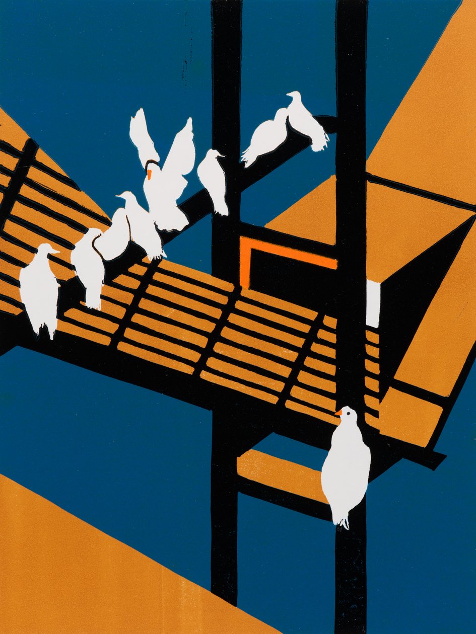 Havenduiven (reductie lino) door Dione Verulam