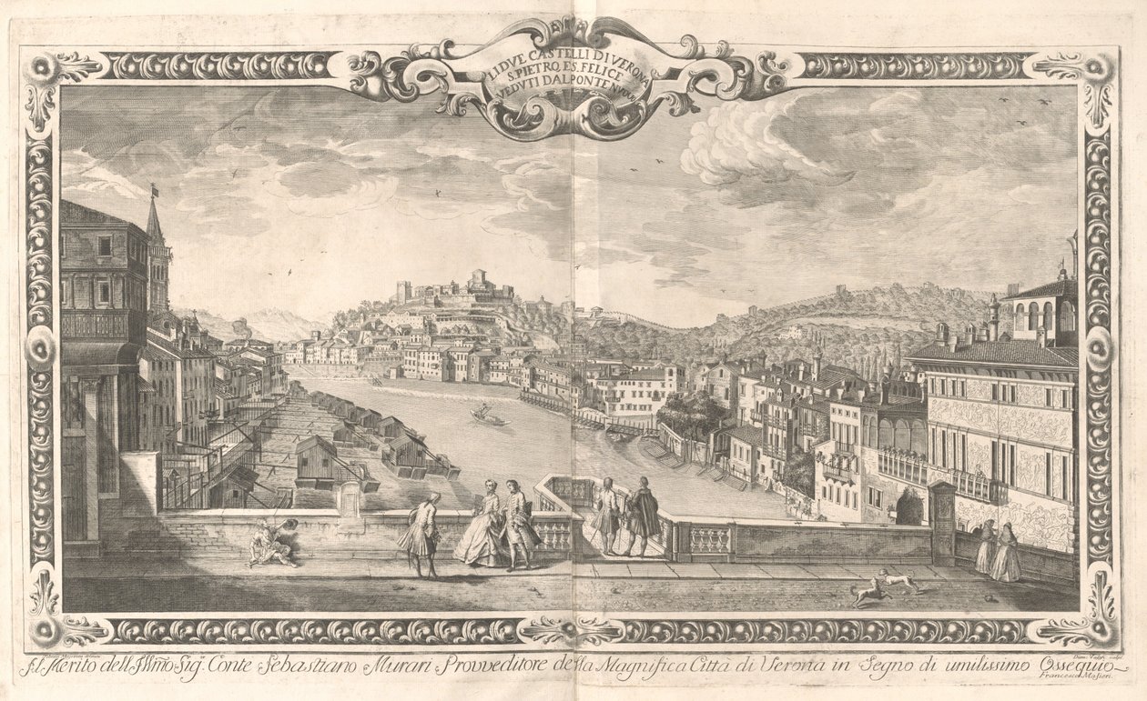Gezicht op Verona door Dionigi Valesio and Giovanni Antonio Urbani, after Tiberio Majeroni