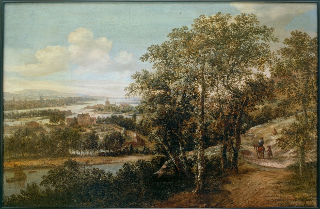 Uitgestrekt rivierlandschap met een ruiter en andere figuren op de voorgrond door Dionys Verburg