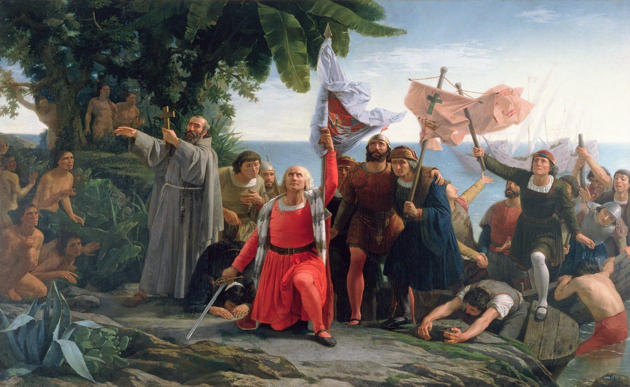 De Eerste Landing van Christoffel Columbus (1450-1506) in Amerika, 1862 door Dioscoro Teofilo Puebla Tolin