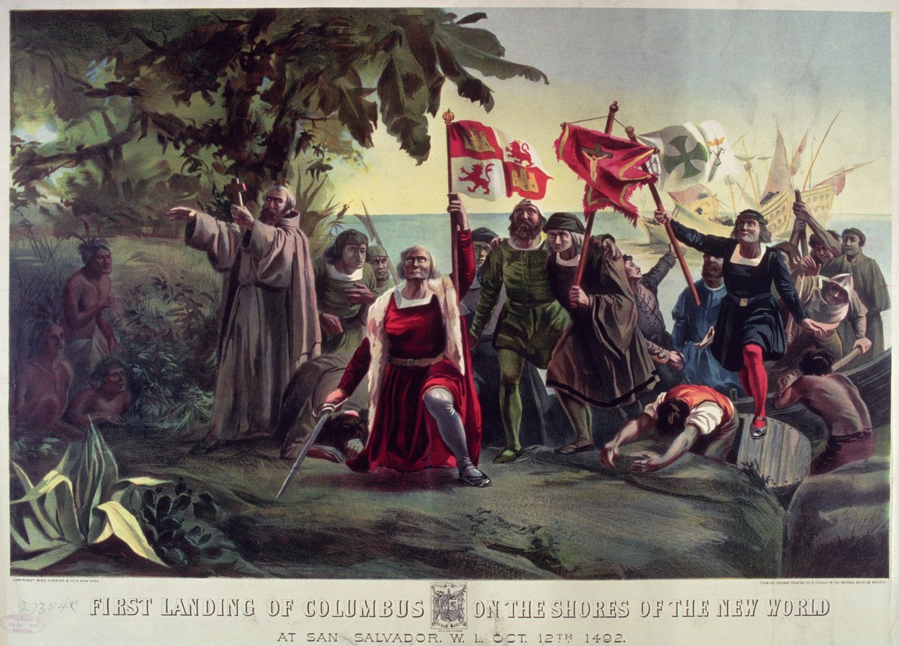 De eerste landing van Columbus op de kusten van de Nieuwe Wereld bij San Salvador, 12 oktober 1492, uitgegeven door Currier en Ives door Dioscoro Teofilo Puebla Tolin