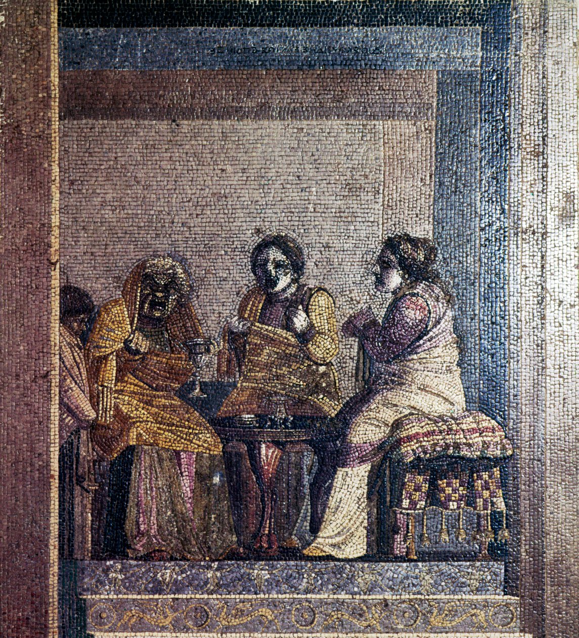 Romeins mozaïek van scène uit toneelstuk met gemaskerde acteurs, Villa van Cicero, Pompeii, ca. 2e eeuw v.Chr. door Dioscurides of Samos