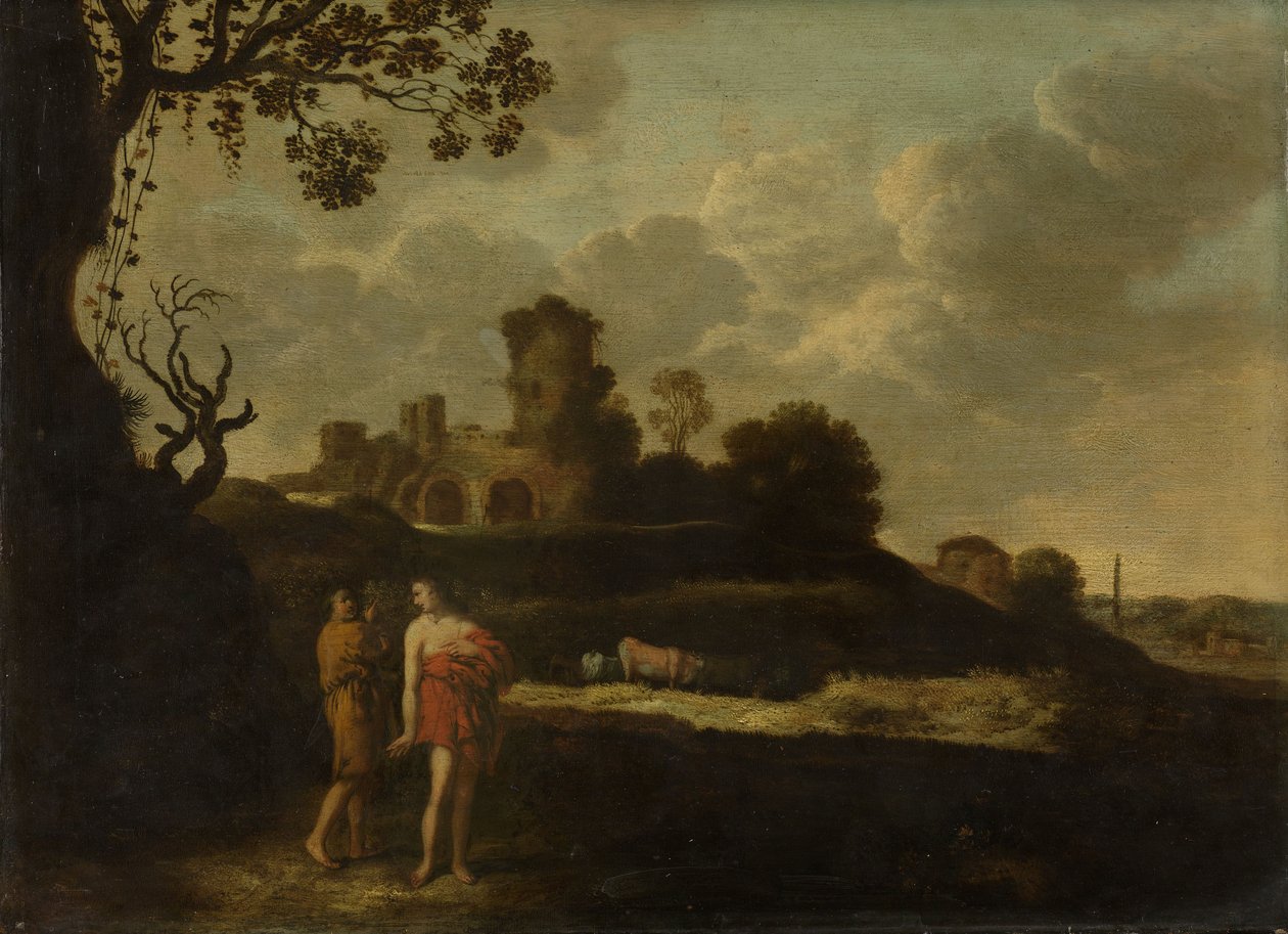 Arcadisch landschap met herders en koeien door Dirck Dalens the Elder