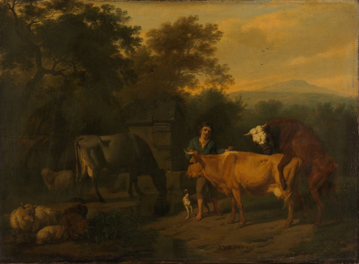 Landschap met herder en vee door Dirck van der Bergen