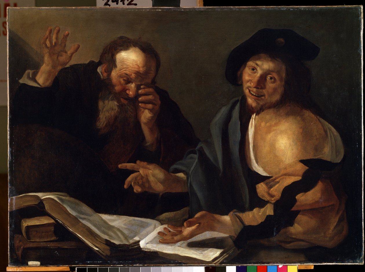 Heraclitus en Democritus door Dirck Baburen van