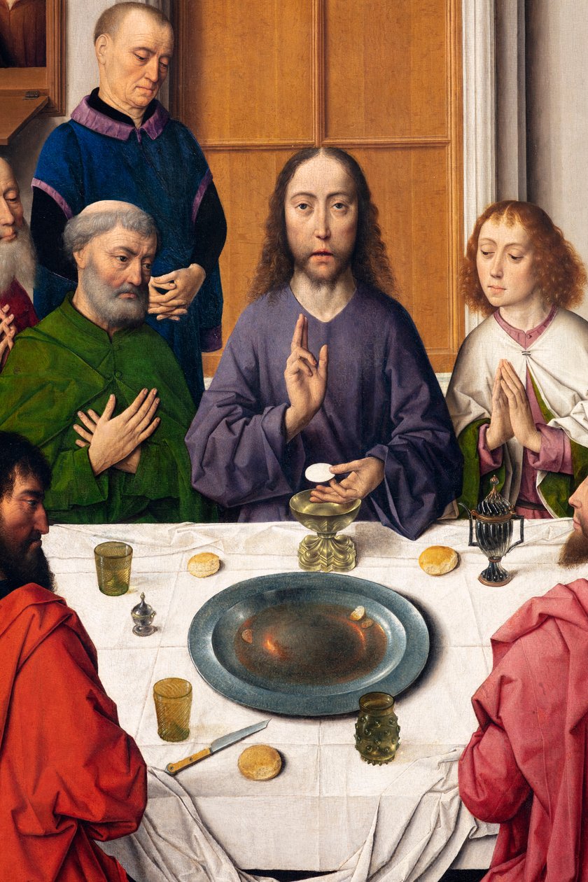 Parochiekerk (Parochiekerk Sint-Pieter). Schilderij. Laatste Avondmaal. Dirk Bouts. 1464-1468. Detail. Centraal paneel door Dirck Bouts