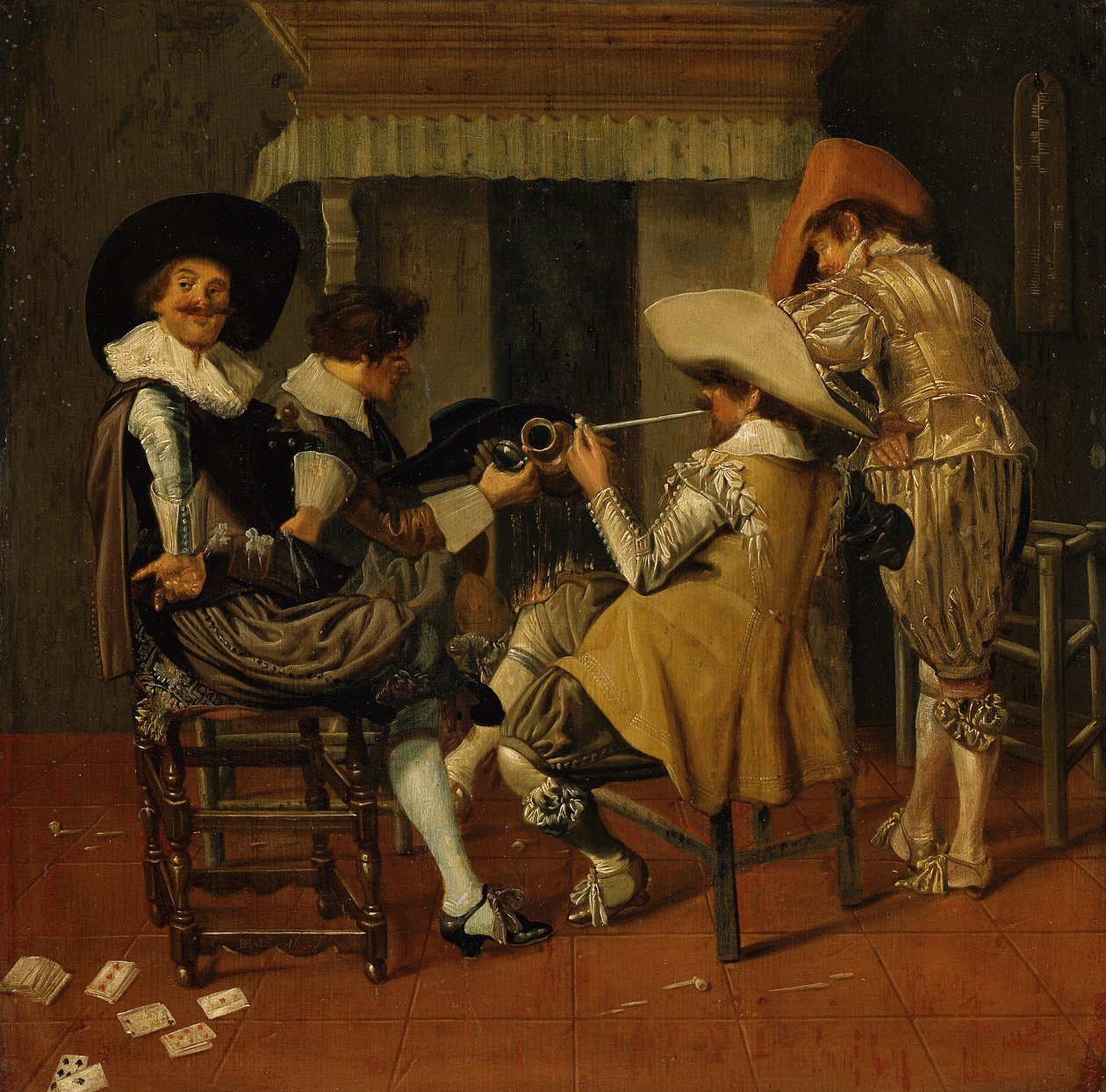 Herengelschap bij de open haard door Dirck Hals