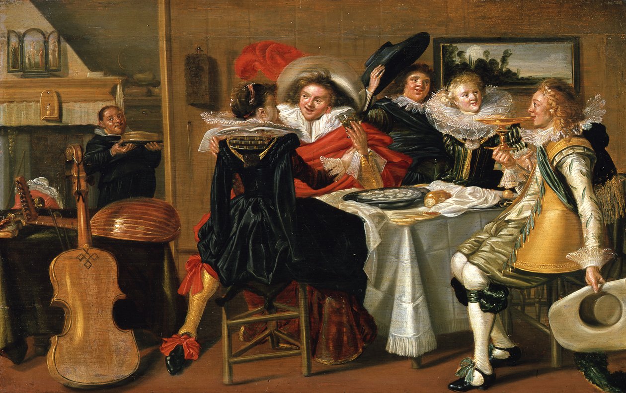 Interieur met een vrolijk gezelschap aan tafel door Dirck Hals