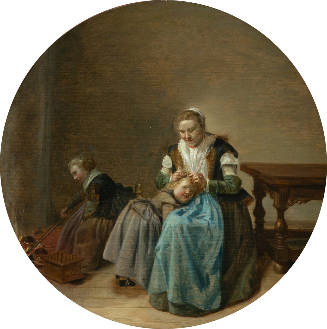 Moeder zorgt voor een kind in een interieur, met een ander kind bij de open haard door Dirck Hals