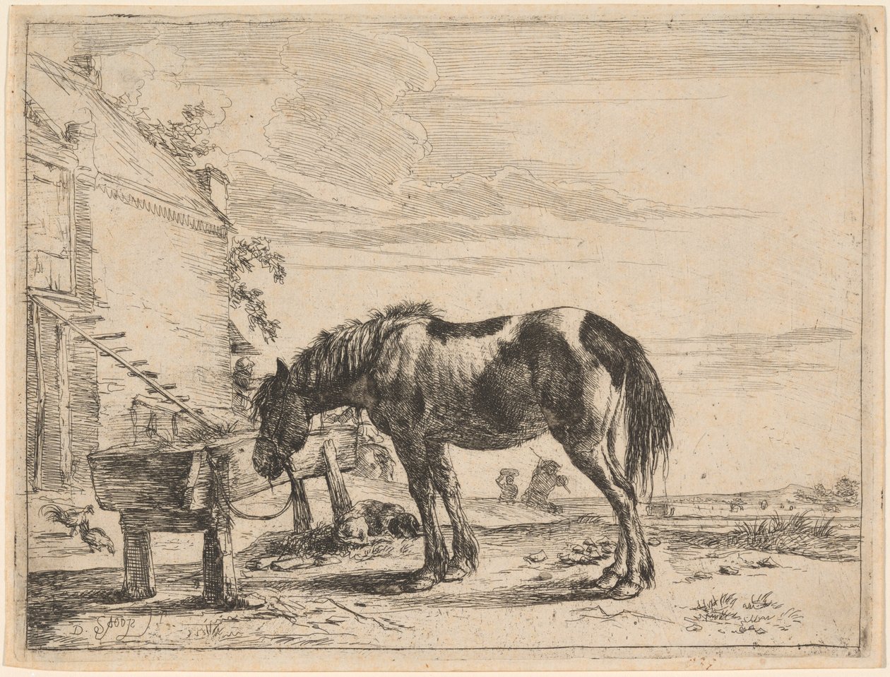 Een Paard Gebonden aan een Voederbak door Dirck Stoop