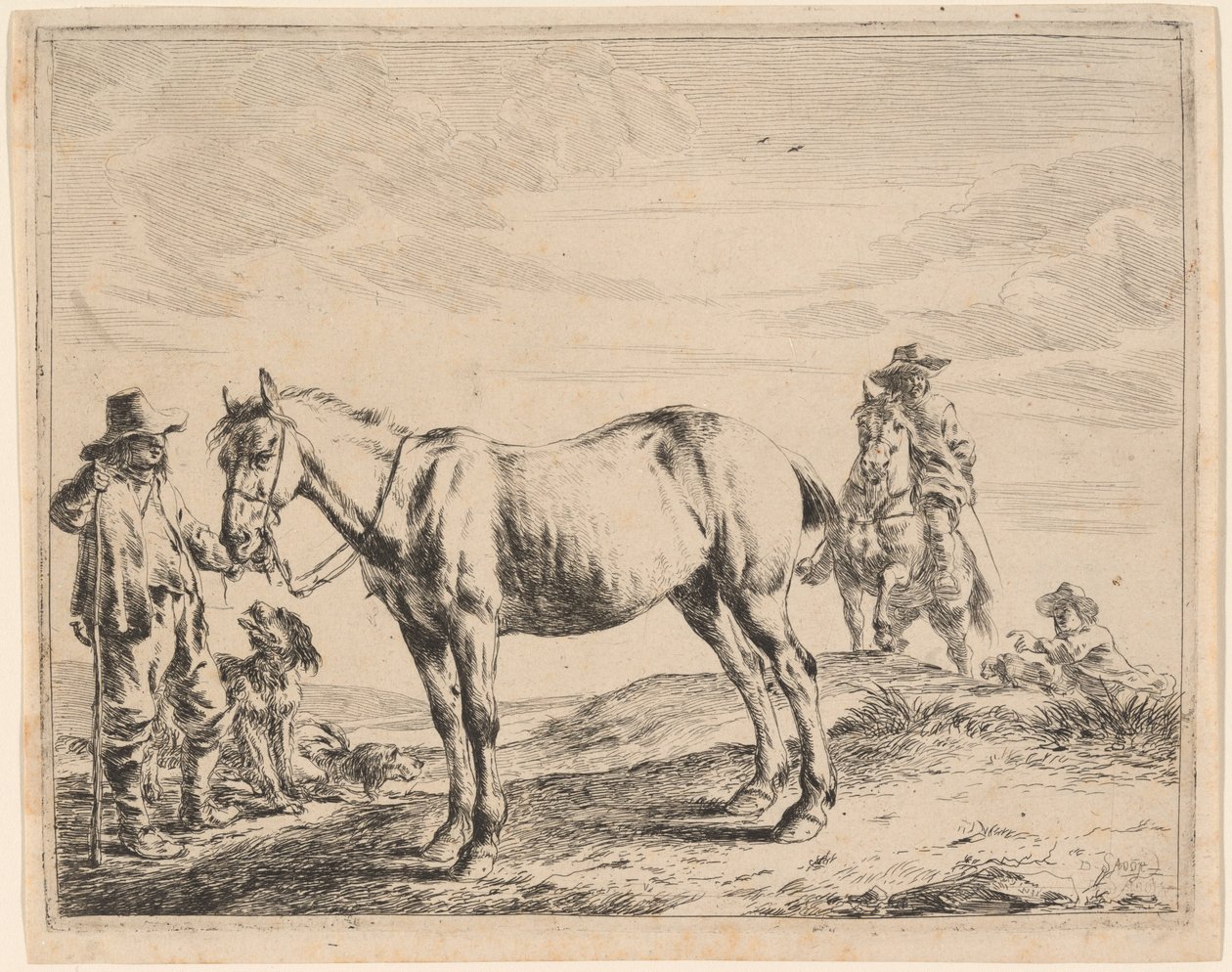 Een man die een paard bij zijn teugel houdt door Dirck Stoop