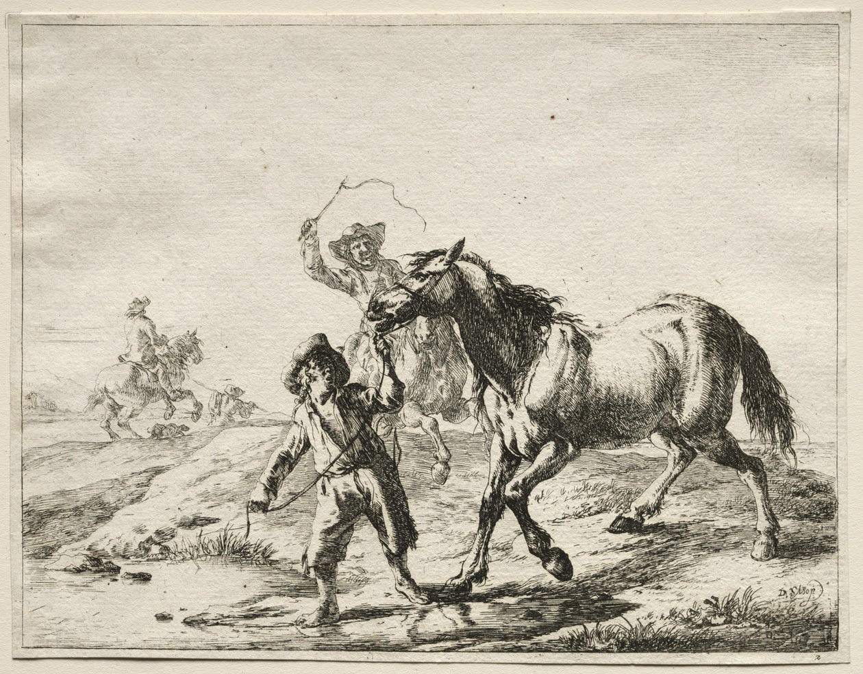 Een jongen die een paard laat drinken door Dirck Stoop