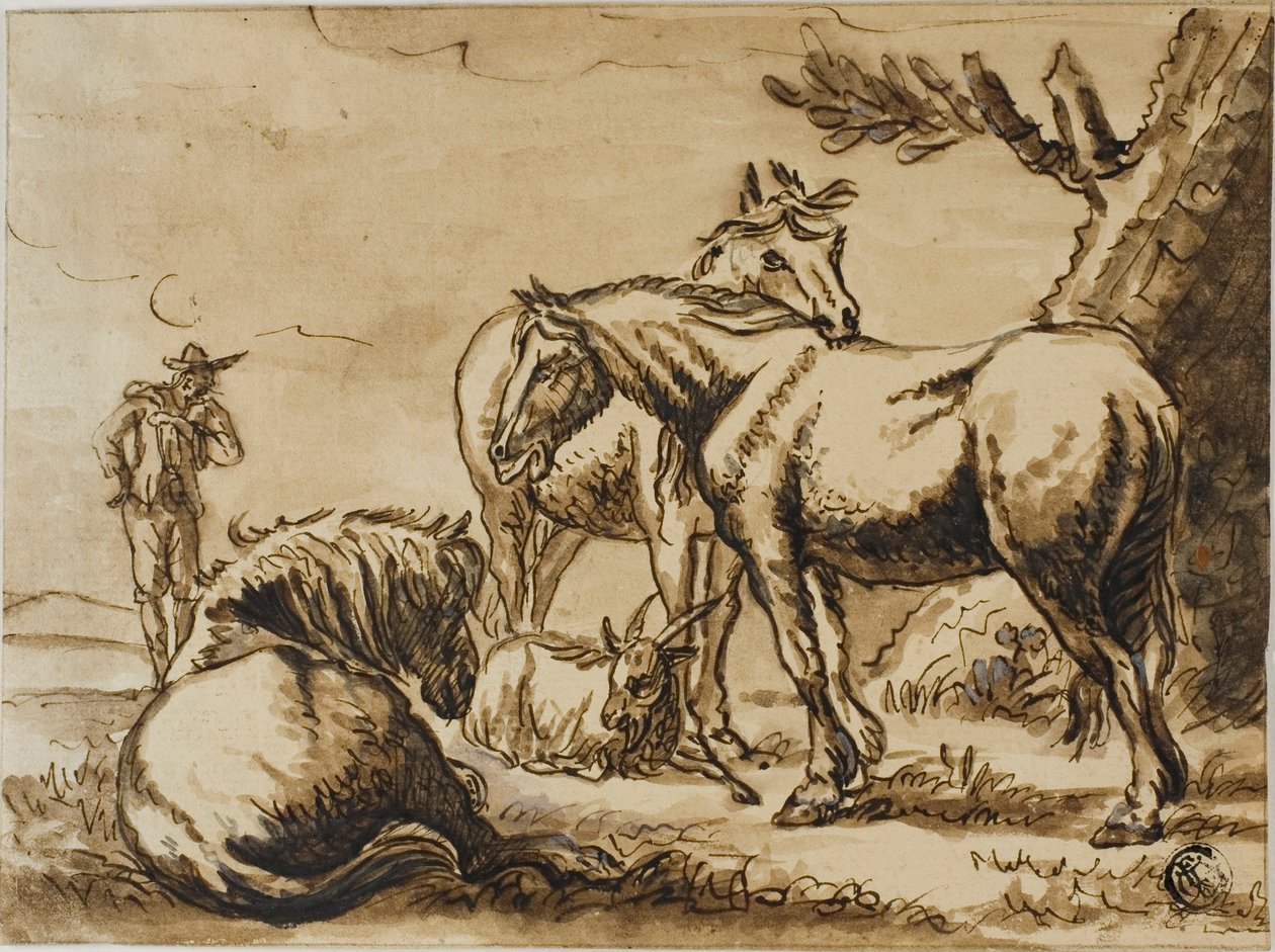 Paarden, geit en een man door Dirck Stoop
