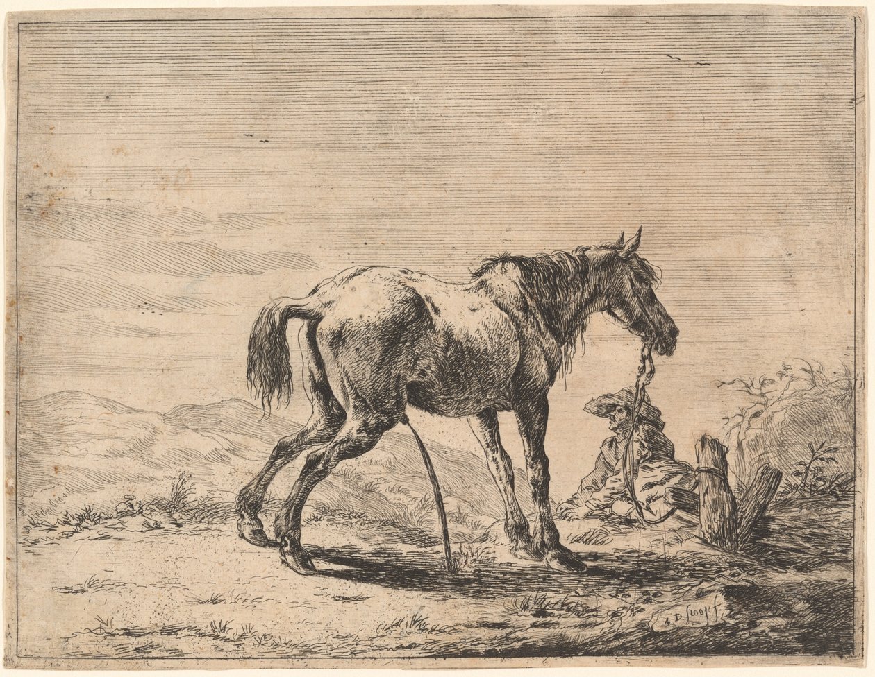 Steigerend paard bij een stal door Dirck Stoop