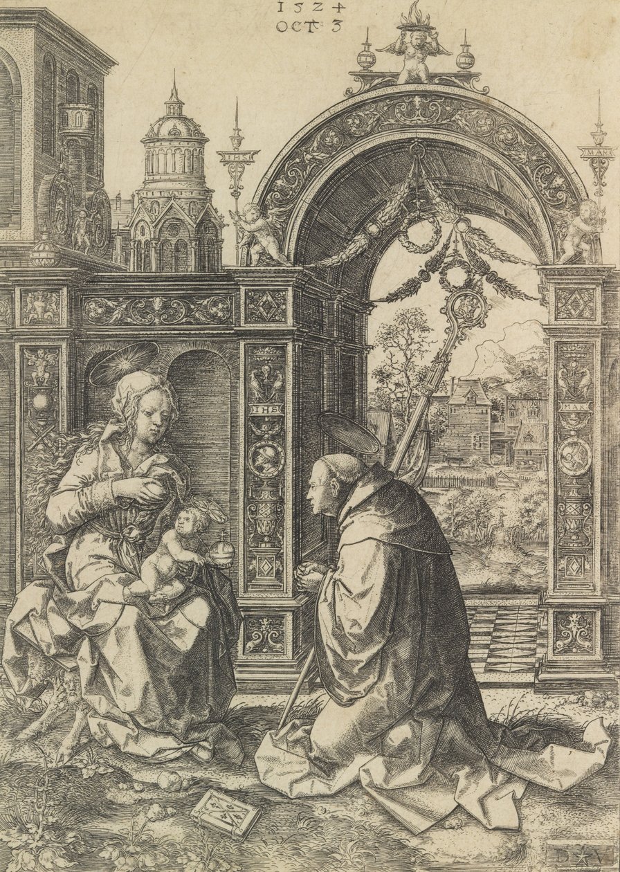 St. Bernard die het Christuskind Aanbidt door Dirck Vellert