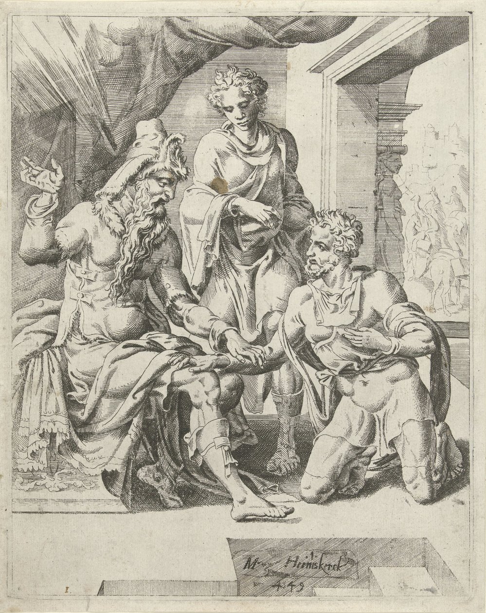 Eliëzer belooft dat hij een vrouw voor Isaak zal vinden door Dirck Volckertsz. Coornhert (attributed to)