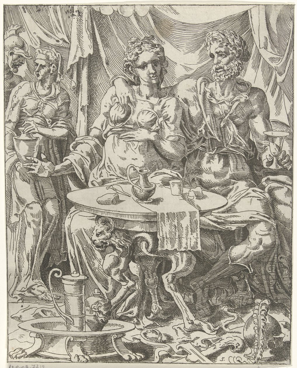 Judit en Holofernes genieten van een feestmaal door Dirck Volckertsz. Coornhert (attributed to)