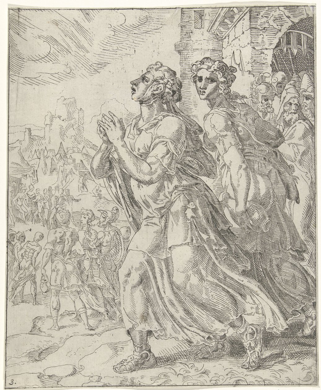 Judit en haar dienares verlaten Bethulië door Dirck Volckertsz. Coornhert (attributed to)