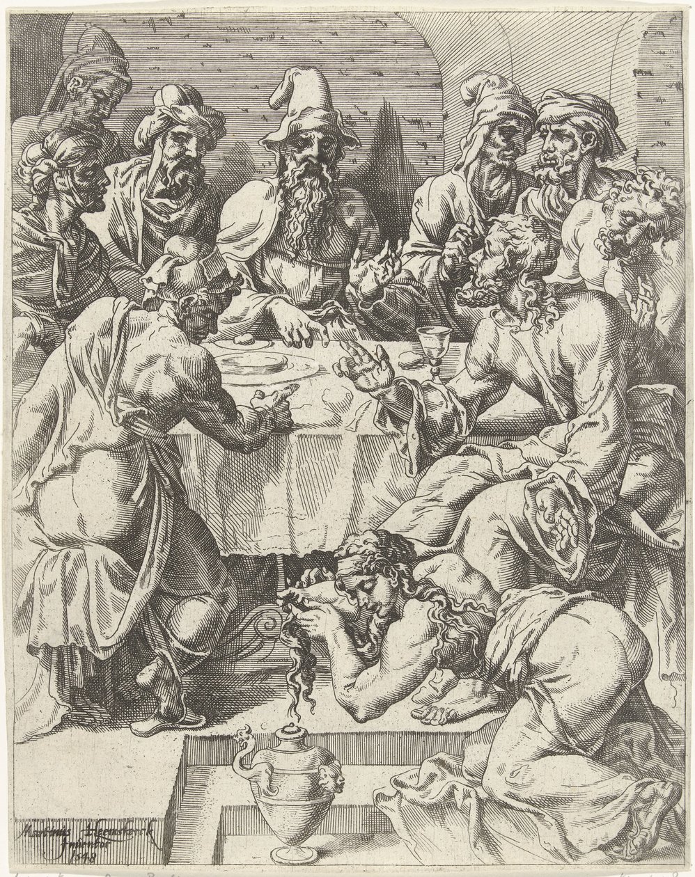 Maria Magdalena wast de voeten van Christus door Dirck Volckertsz. Coornhert (attributed to)
