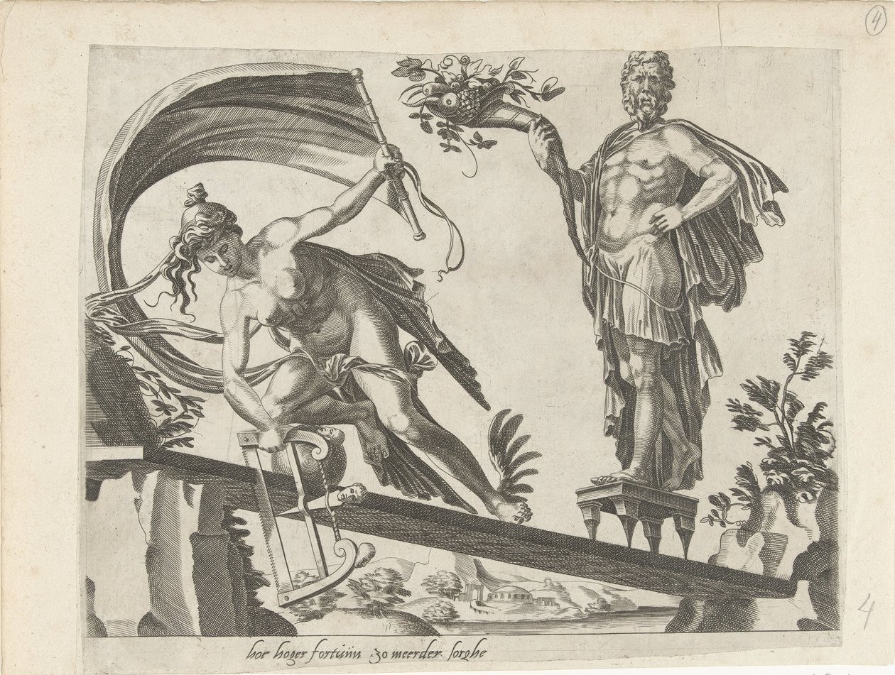Geen schild beschermt tegen tegenspoed; Hoe groter je fortuin, hoe groter je zorgen door Dirck Volckertsz. Coornhert (attributed to)