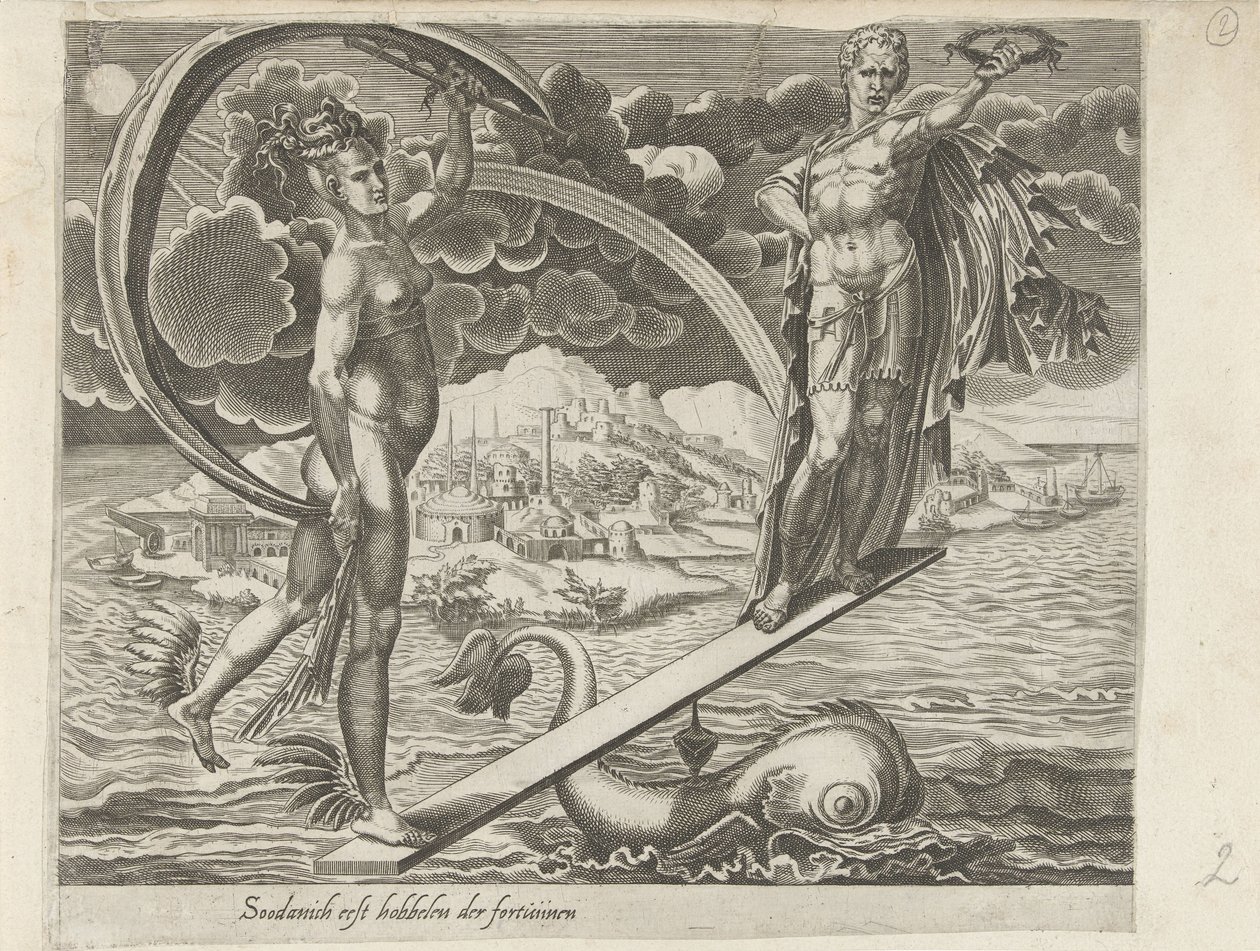 De wankelbaarheid van het geluk Spreekwoorden over Fortuna door Dirck Volckertsz. Coornhert (attributed to)