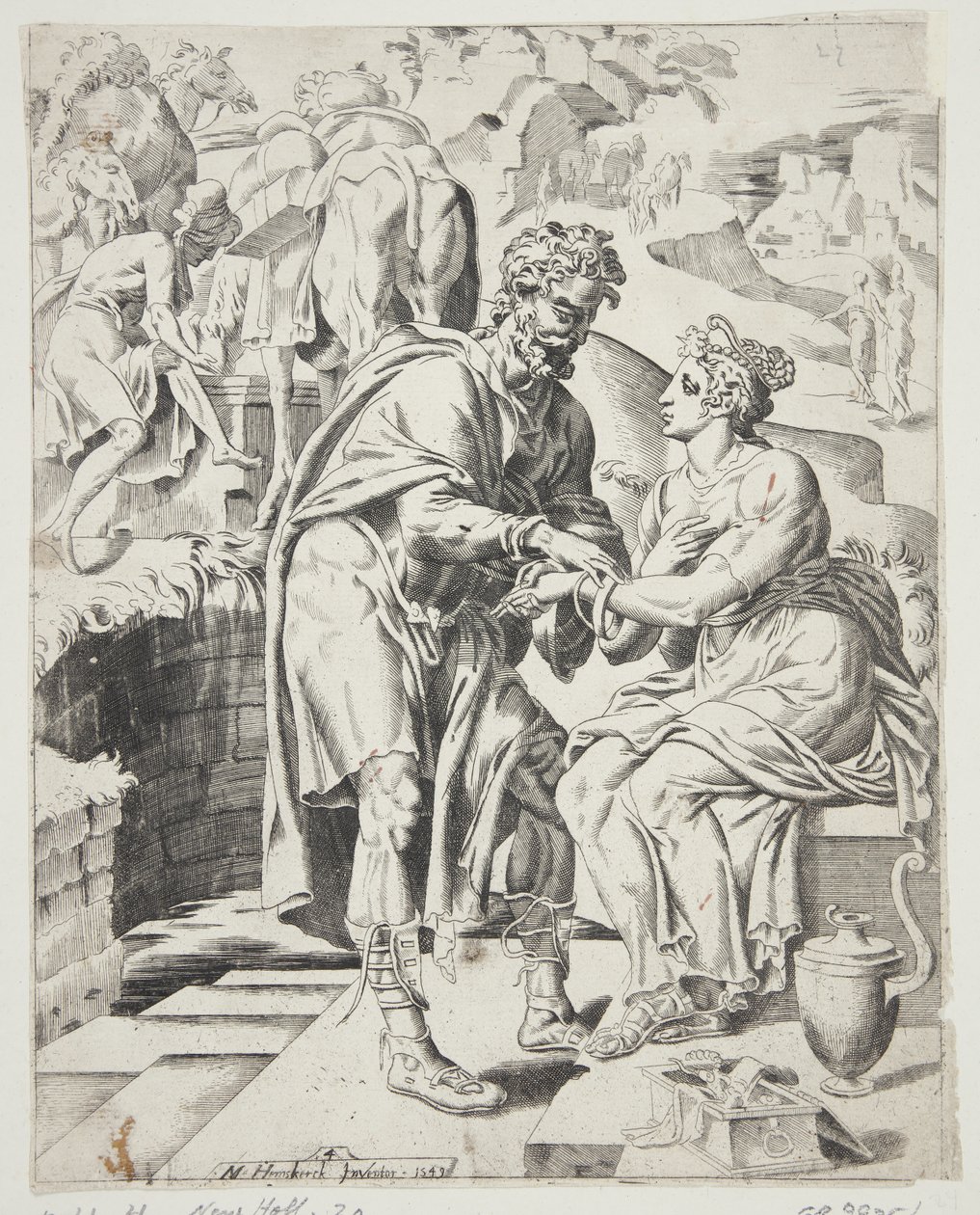 Elizier geeft Rebecca de armbanden door Dirck Volckertsz. Coornhert