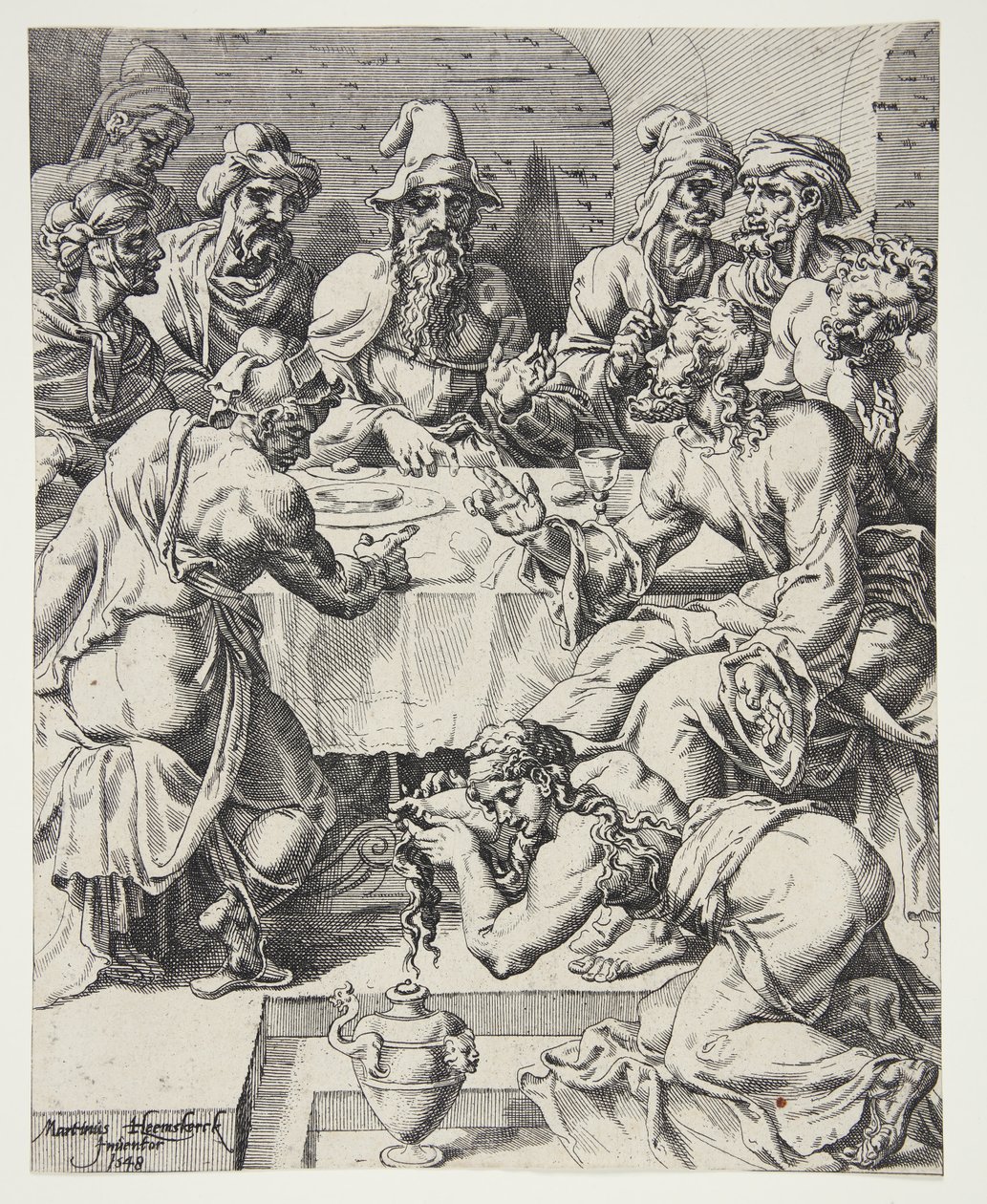 Maria Magdalena droogt de voeten van Christus in het huis van Simon de Farizeeër door Dirck Volckertsz. Coornhert