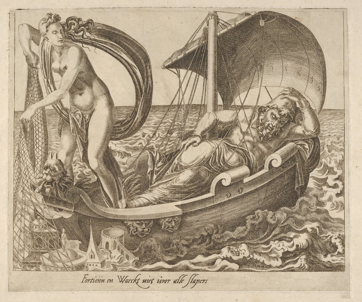 Fortuin waakt niet over alle slapers uit Zes uitspraken over fortuin, ca. 1560 door Dirck Volkertsen Coornhert