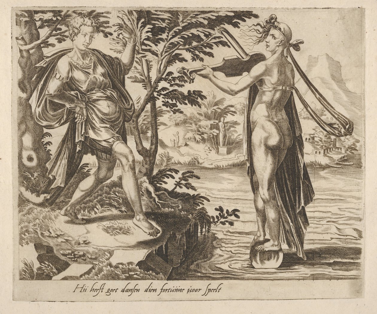 Degene aan Wie Fortuna Speelt Zal Vrolijk Dansen uit Zes Spreuken over Fortuna, ca. 1560 door Dirck Volkertsen Coornhert