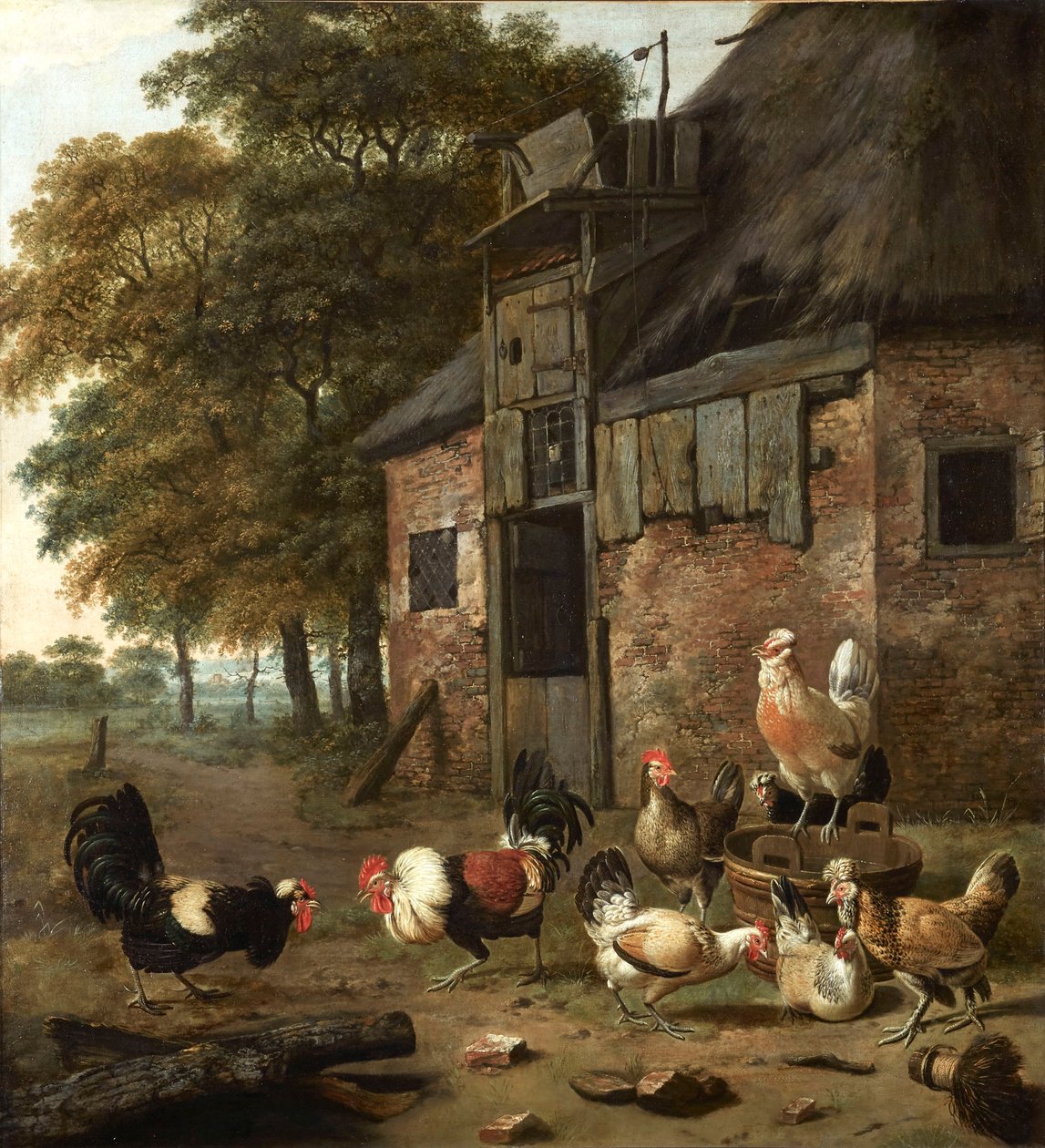 Pluimveestal met twee vechtende hanen door Dirck Wijntrack