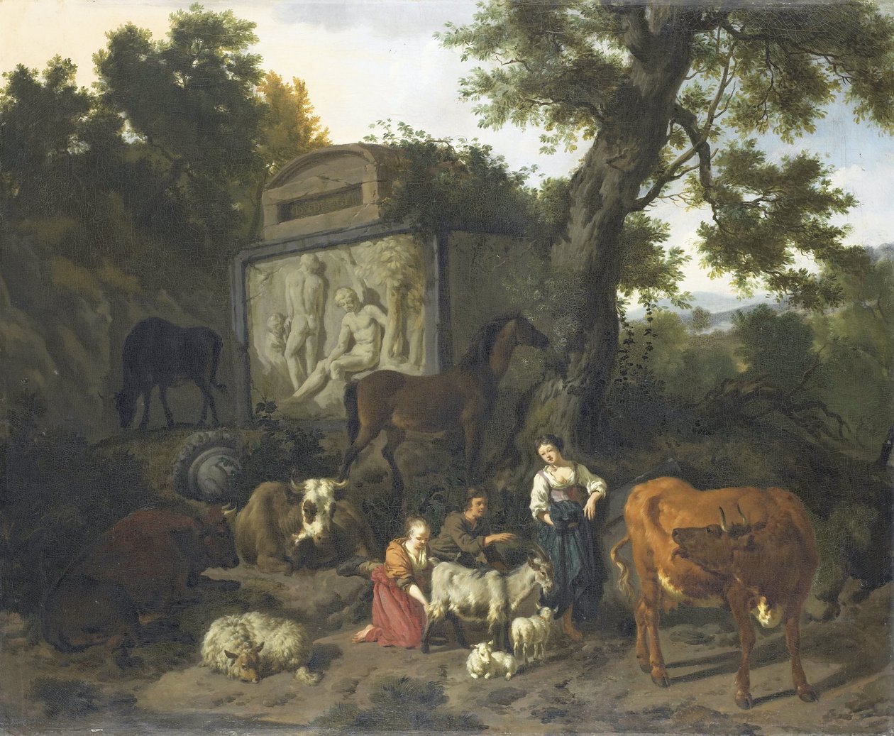 Landschap met herders en vee bij een graf door Dirck van Bergen