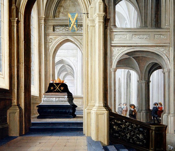 Een kerkinterieur met een koninklijk graf door Dirck van Delen