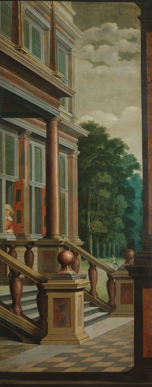 Een zeven-delige decoratieve reeks: een buitentrap door Dirck van Delen