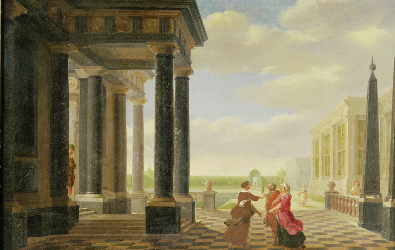 Personen in Gesprek in een Klassieke Setting door Dirck van Delen