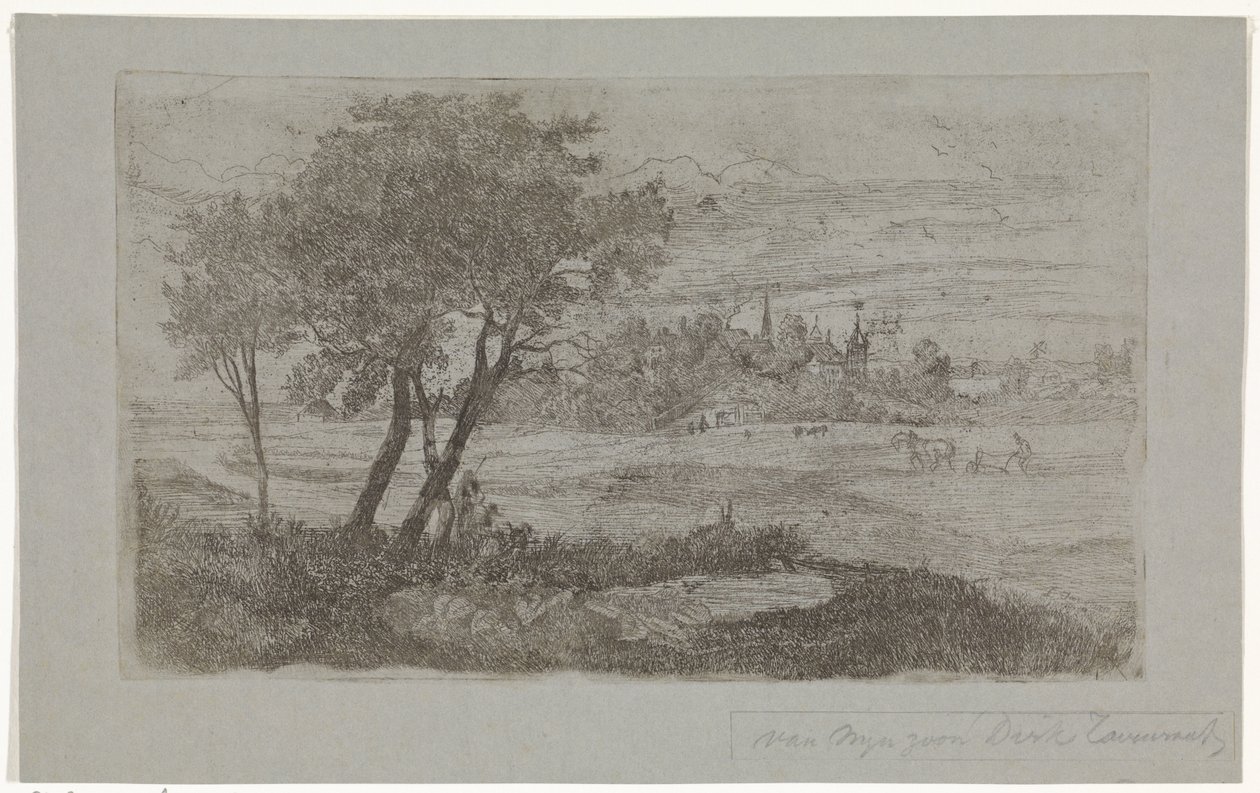 Landschap met bomen op de voorgrond en een ploeg op de akker door Dirk Arnoldus Tavenraat