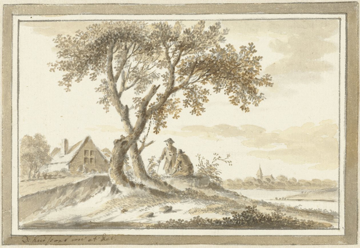 Landschap met twee mannen onder een boom door Dirk Kuipers