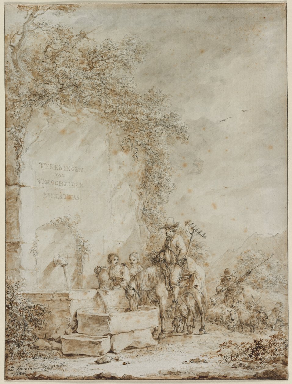 Frontispice voor een Album van Tekeningen: Boeren bij een Fontein (recto) door Dirk Langendijk