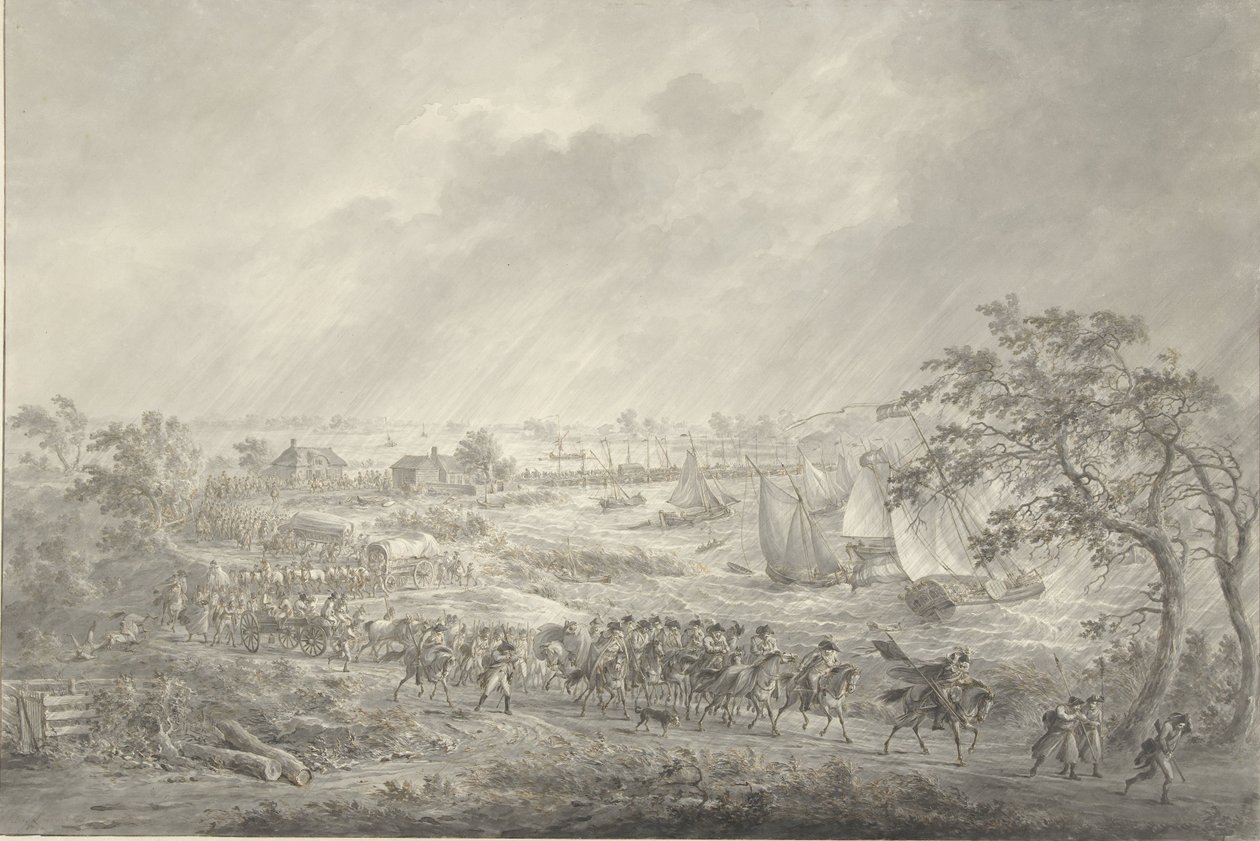 Overtocht van de Engelse en Hannoverse troepen uit Nijmegen naar Lent over de schipbrug over de Waal, 7 november 1794 door Dirk Langendijk