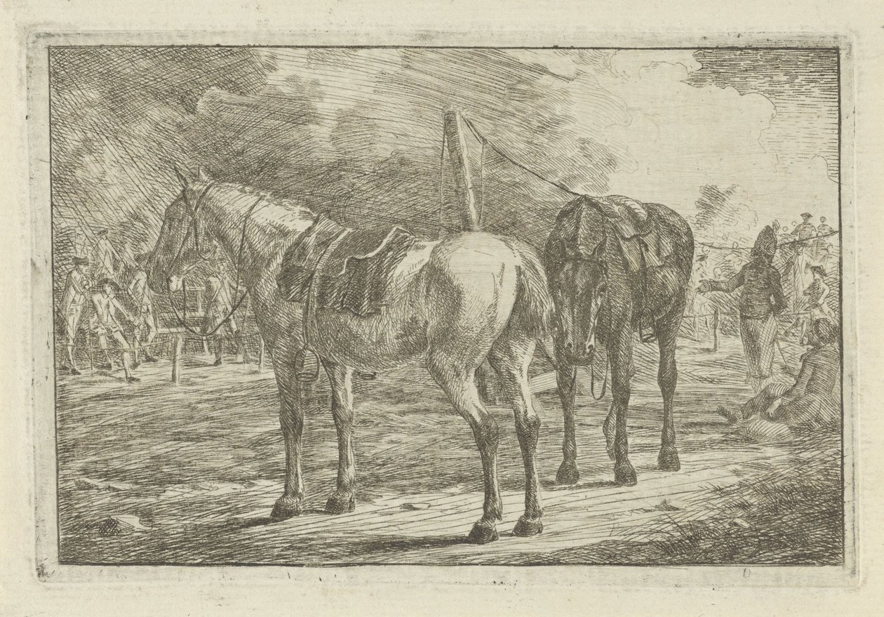 Twee gezadelde paarden bij een legerkamp door Dirk Langendijk