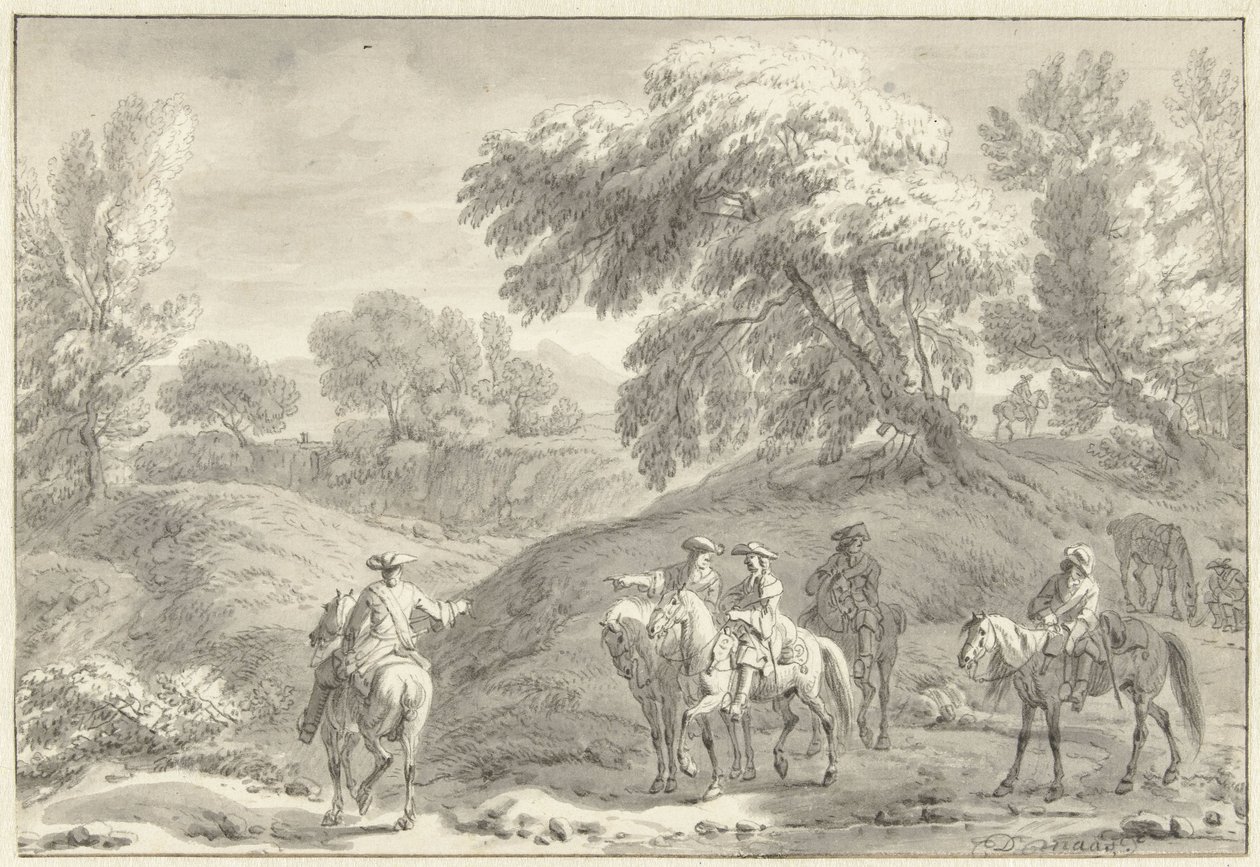Heuvelachtig landschap met jagers te paard door Dirk Maas