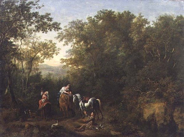 Een Valkenpartij in een Bebost Landschap door Dirk Maes