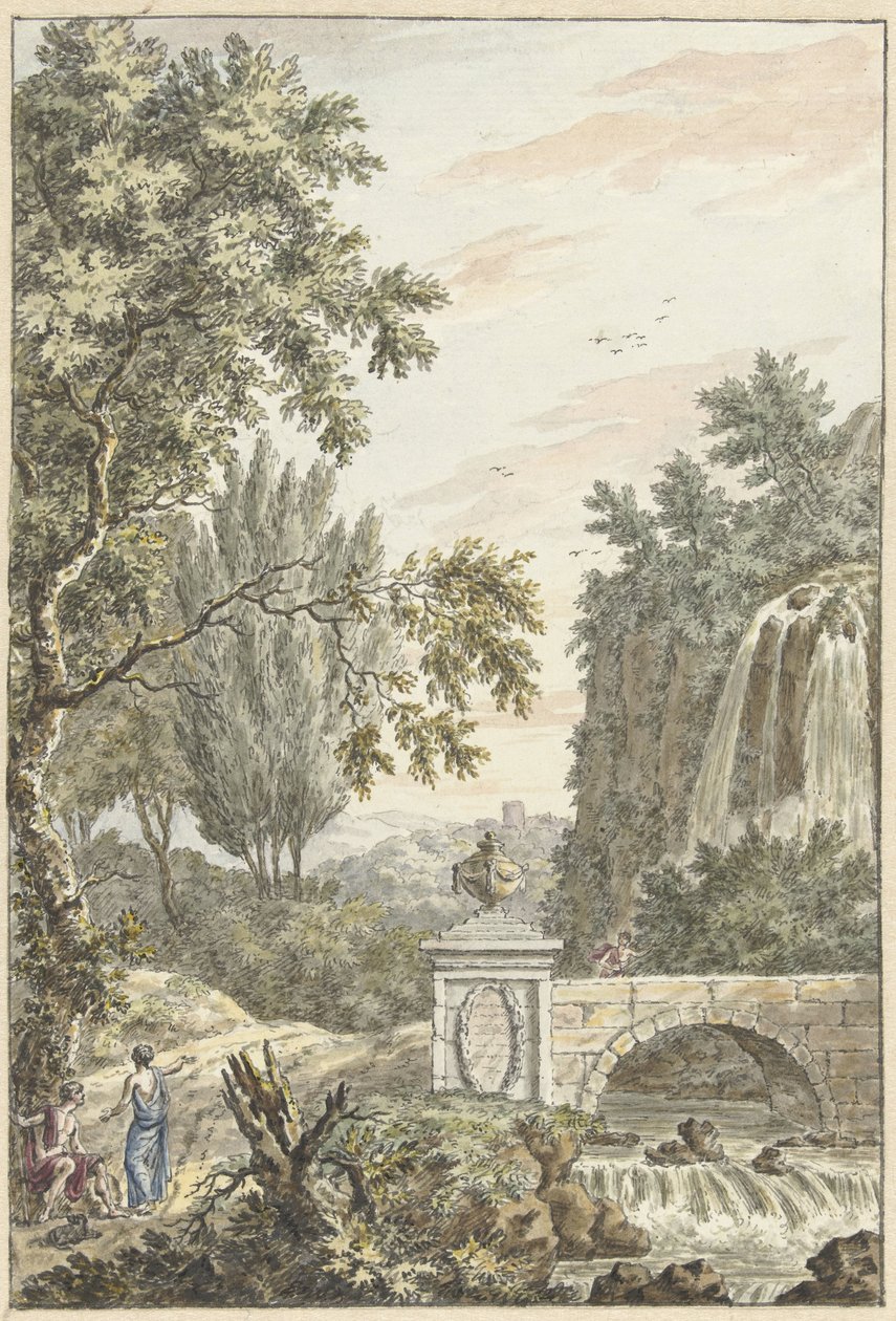 Arcadisch boslandschap met een waterval, een brug en drie jongemannen door Dirk Versteegh